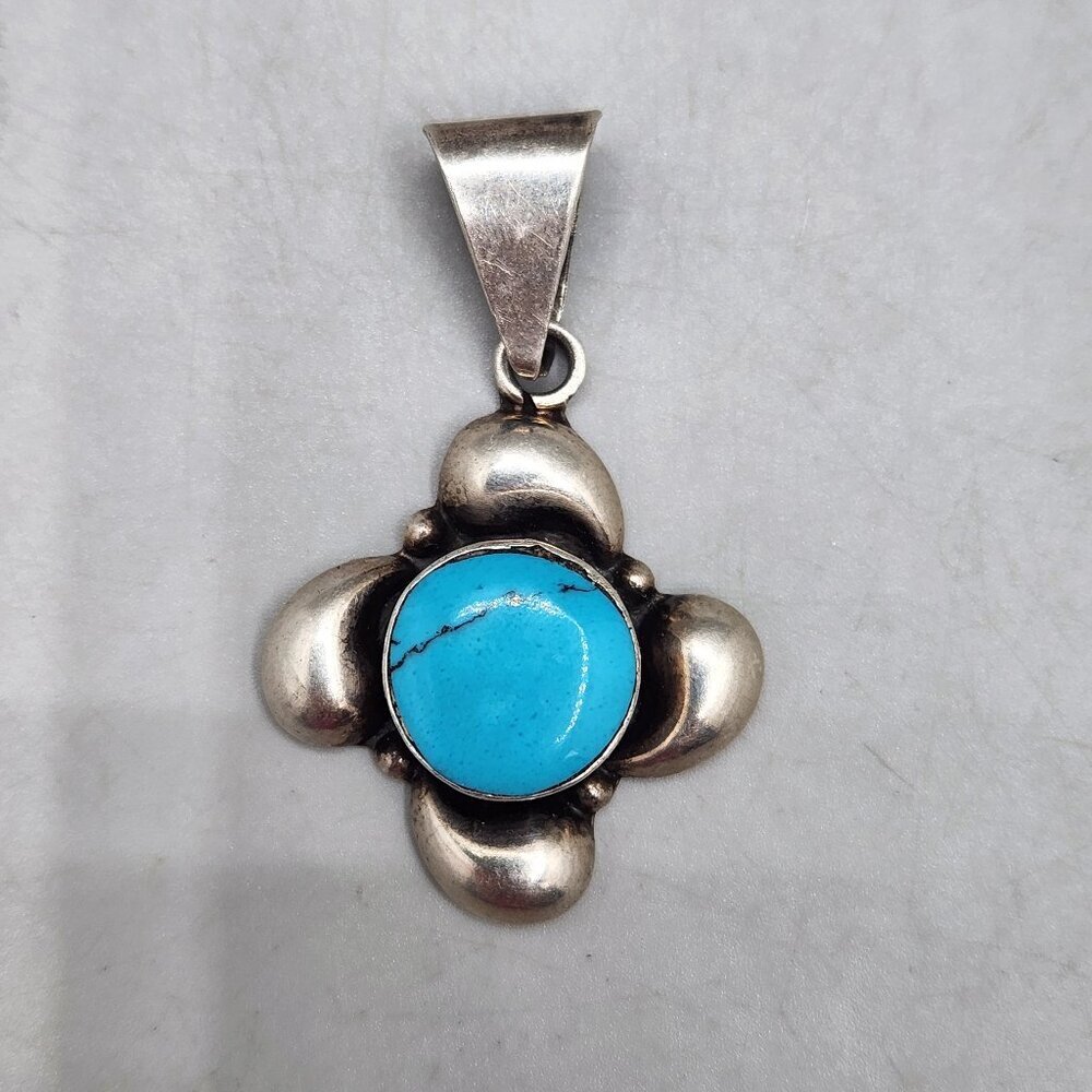 Vintage Turquoise Sterling Silver Pendant Mexico Aztec Southwestern Chunky